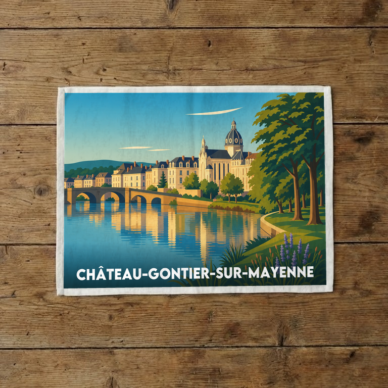 Torchon souvenir de la ville de Château-Gontier-sur-Mayenne avec une illustration stylisée des bords de la Mayenne.