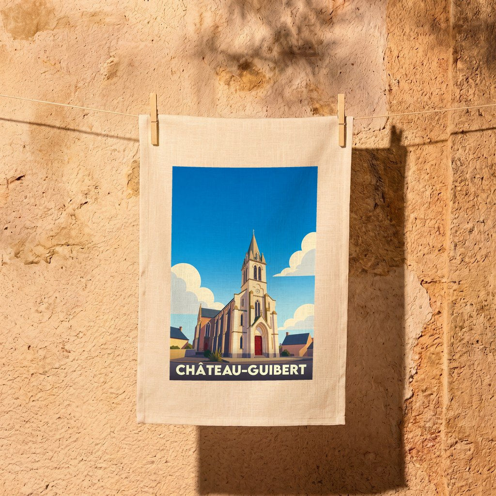 Torchon souvenir de Château-Guibert arborant une illustration stylisée de son église sous un ciel bleu.