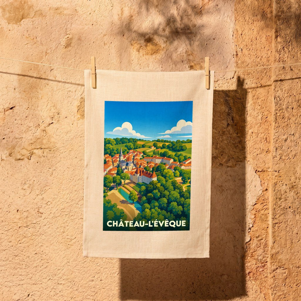 Torchon souvenir de la ville de Château-l'Évêque avec une illustration stylisée.