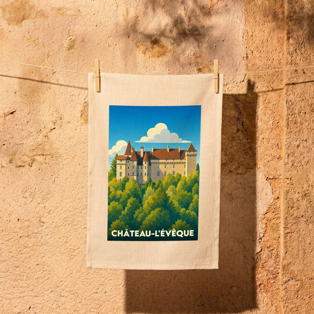 Torchon souvenir de Château-l'Évêque arborant une illustration stylisée du château au-dessus de la forêt.