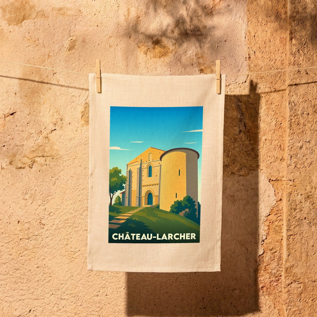 Torchon souvenir de Château-Larcher avec une illustration stylisée de son église et de son château.