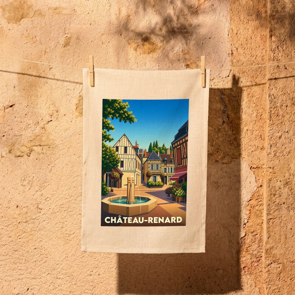 Torchon souvenir de la ville de Château-Renard avec une illustration stylisée d'une place provençale et sa fontaine.