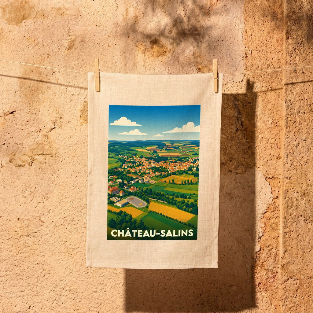 Torchon souvenir de la ville de Château-Salins illustré par un paysage champêtre stylisé.