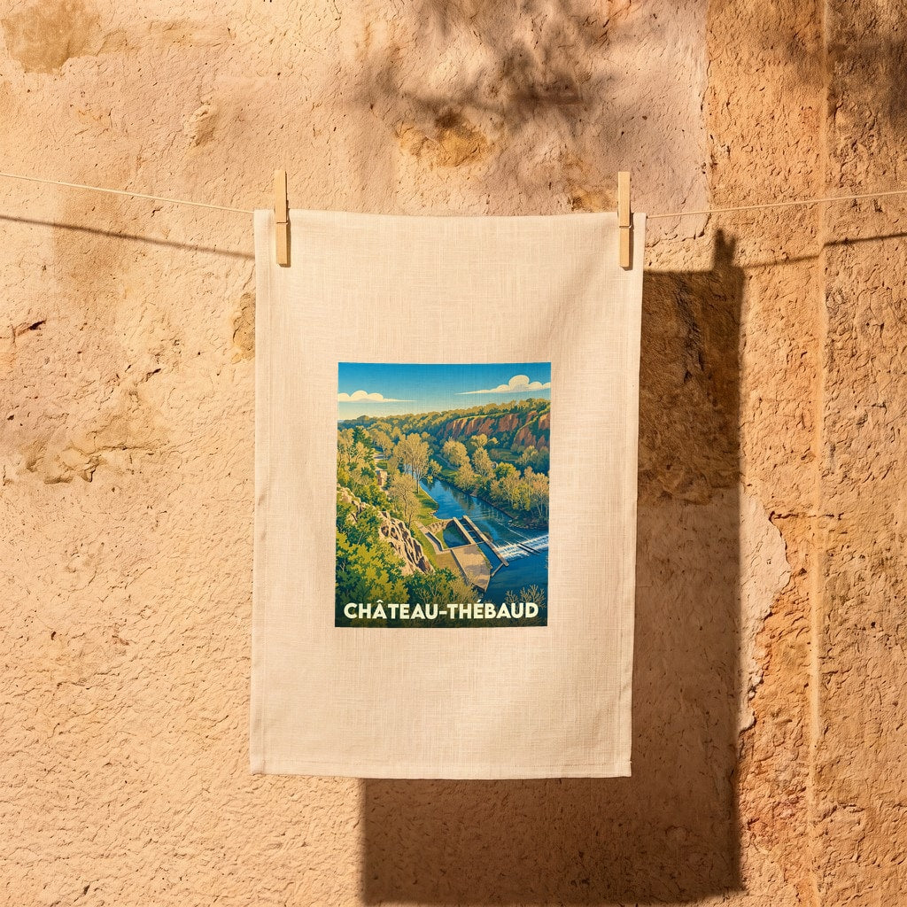 Torchon souvenir de la ville de Château-Thébaud avec une illustration stylisée d'un paysage de rivière et de falaises.