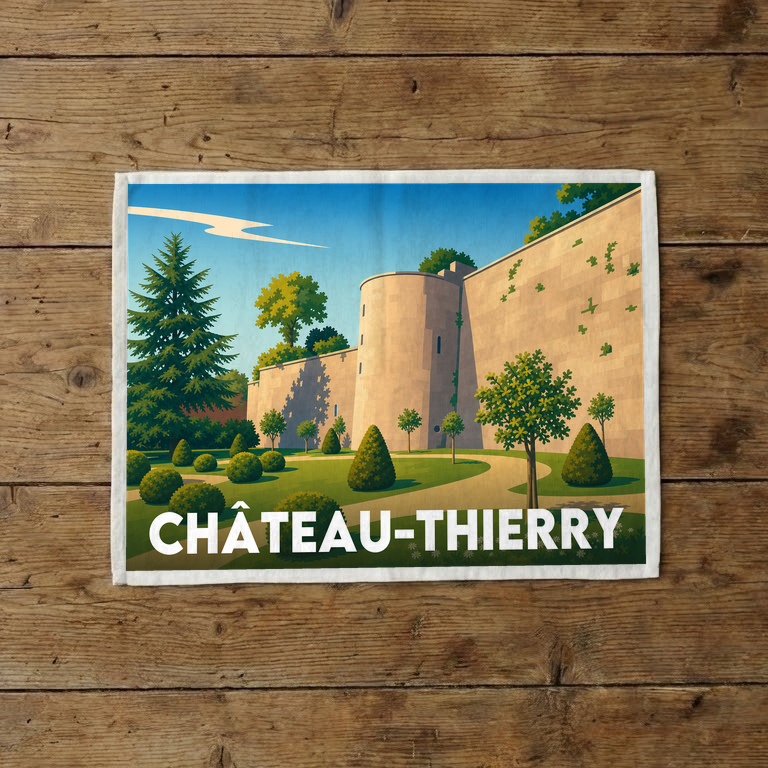 Torchon souvenir de la ville de Château-Thierry avec une illustration stylisée de ses remparts et de ses jardins.