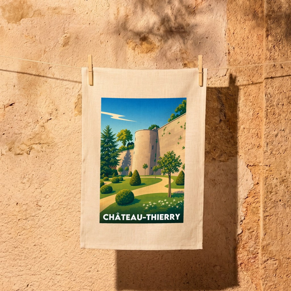 Torchon souvenir de la ville de Château-Thierry avec une illustration stylisée de ses remparts et de ses jardins.