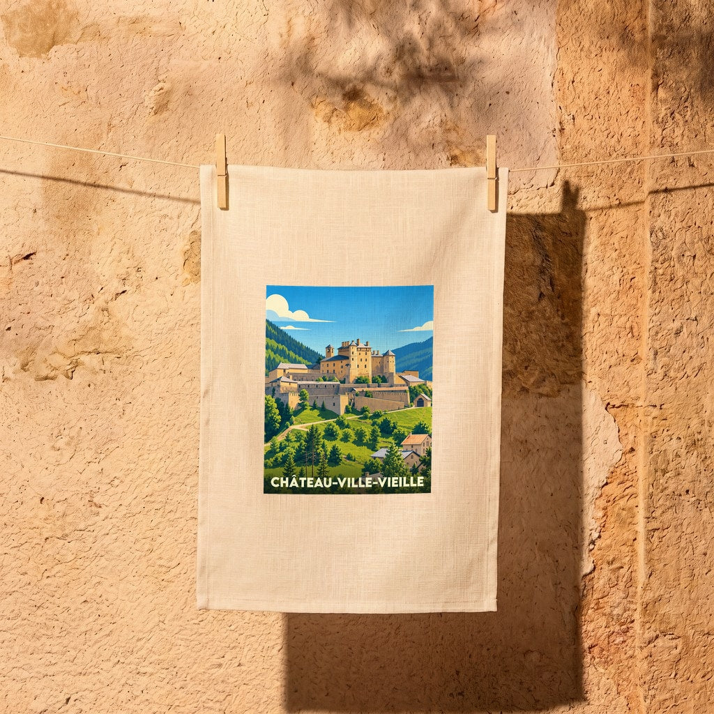 Torchon souvenir de la ville de Château-Ville-Vieille avec une illustration stylisée du château.