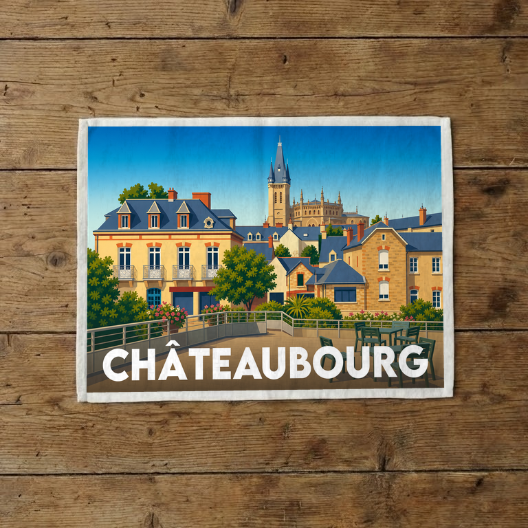Torchon souvenir de la ville de Châteaubourg avec une illustration stylisée de son architecture.