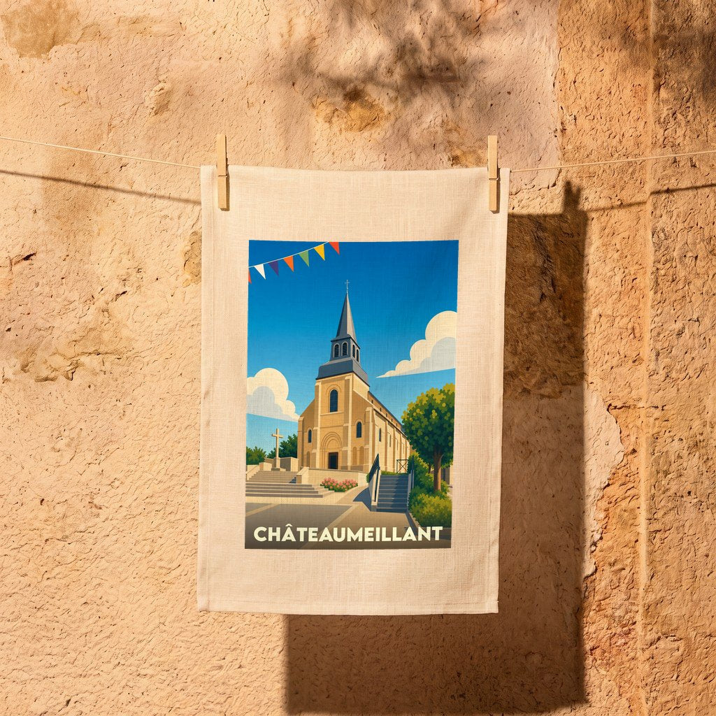 Torchon souvenir de la ville de Châteaumeillant avec une illustration stylisée de son église.