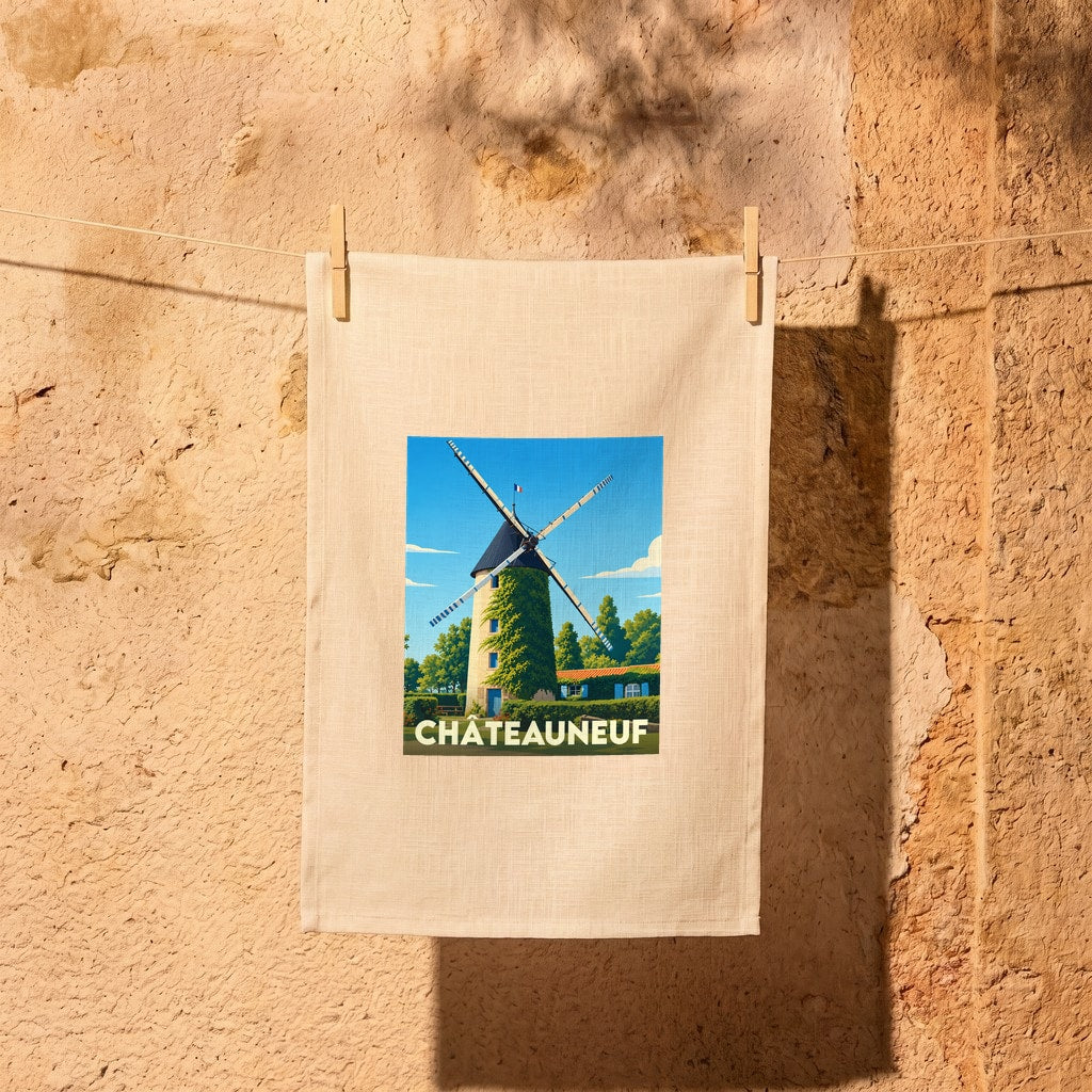 Torchon souvenir de la ville de Châteauneuf illustré d'un moulin à vent stylisé.