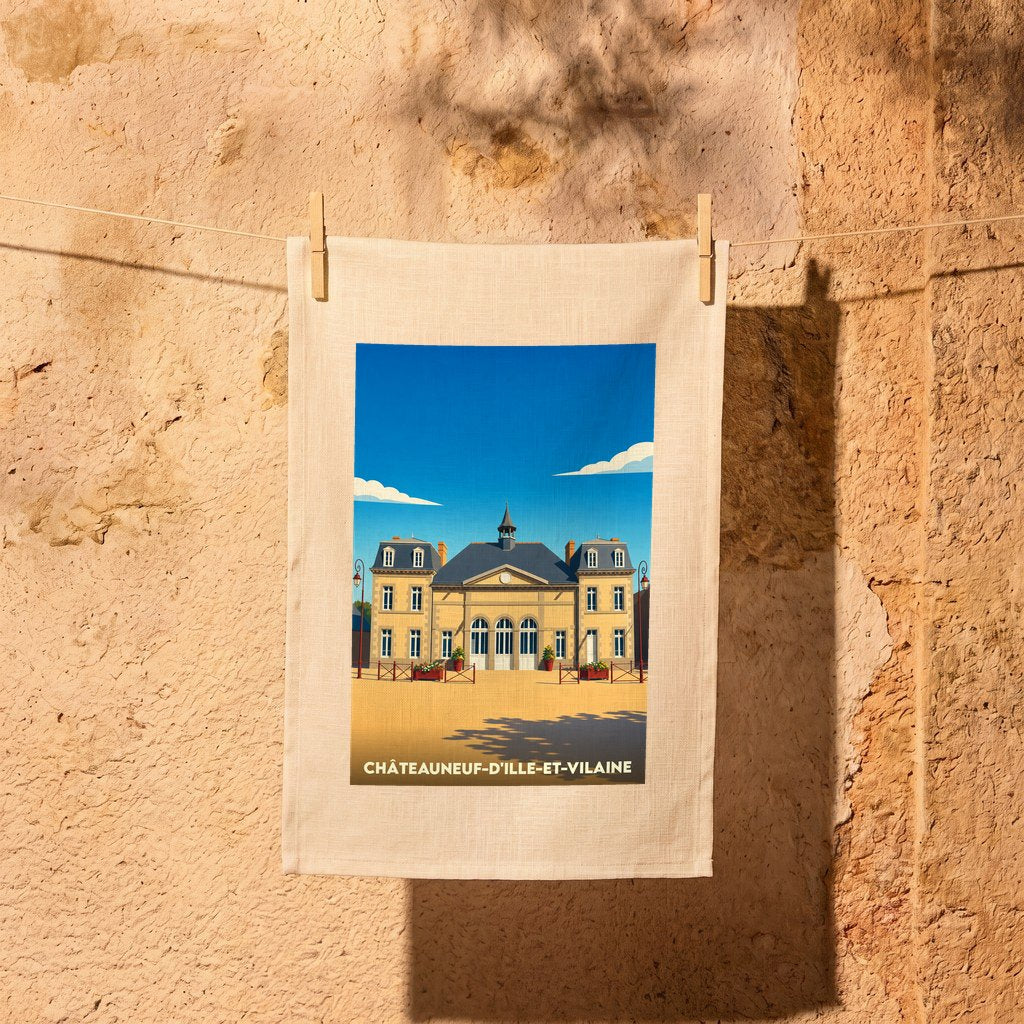 Torchon souvenir de la ville de Châteauneuf-d'Ille-et-Vilaine avec une illustration stylisée de son patrimoine architectural.