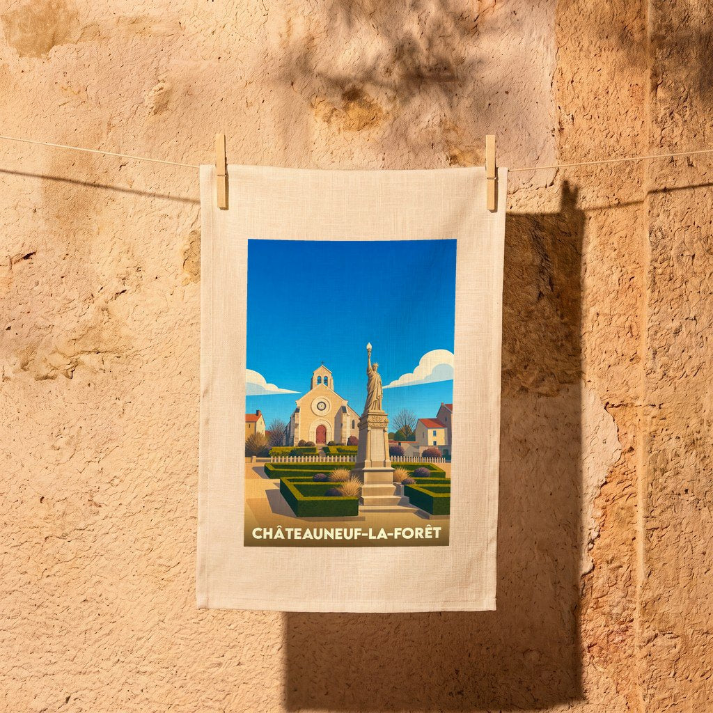 Torchon souvenir de la ville de Châteauneuf-la-Forêt avec une illustration stylisée représentant sa place principale et sa statue de la Liberté.