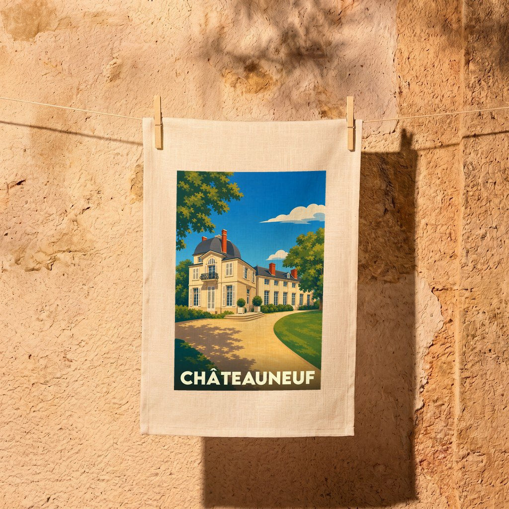 Torchon souvenir de la ville de Châteauneuf avec une illustration stylisée d'un château.