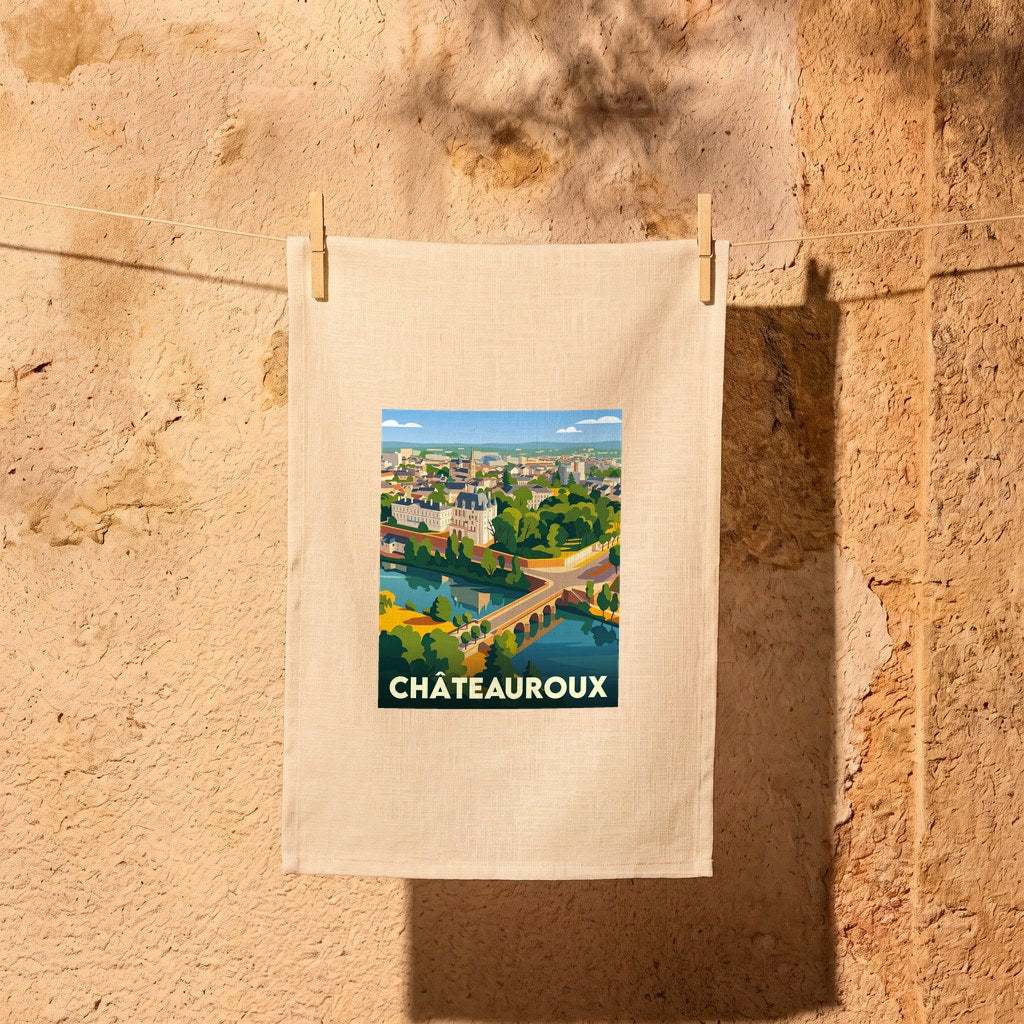 Torchon souvenir de la ville de Châteauroux avec une illustration stylisée.