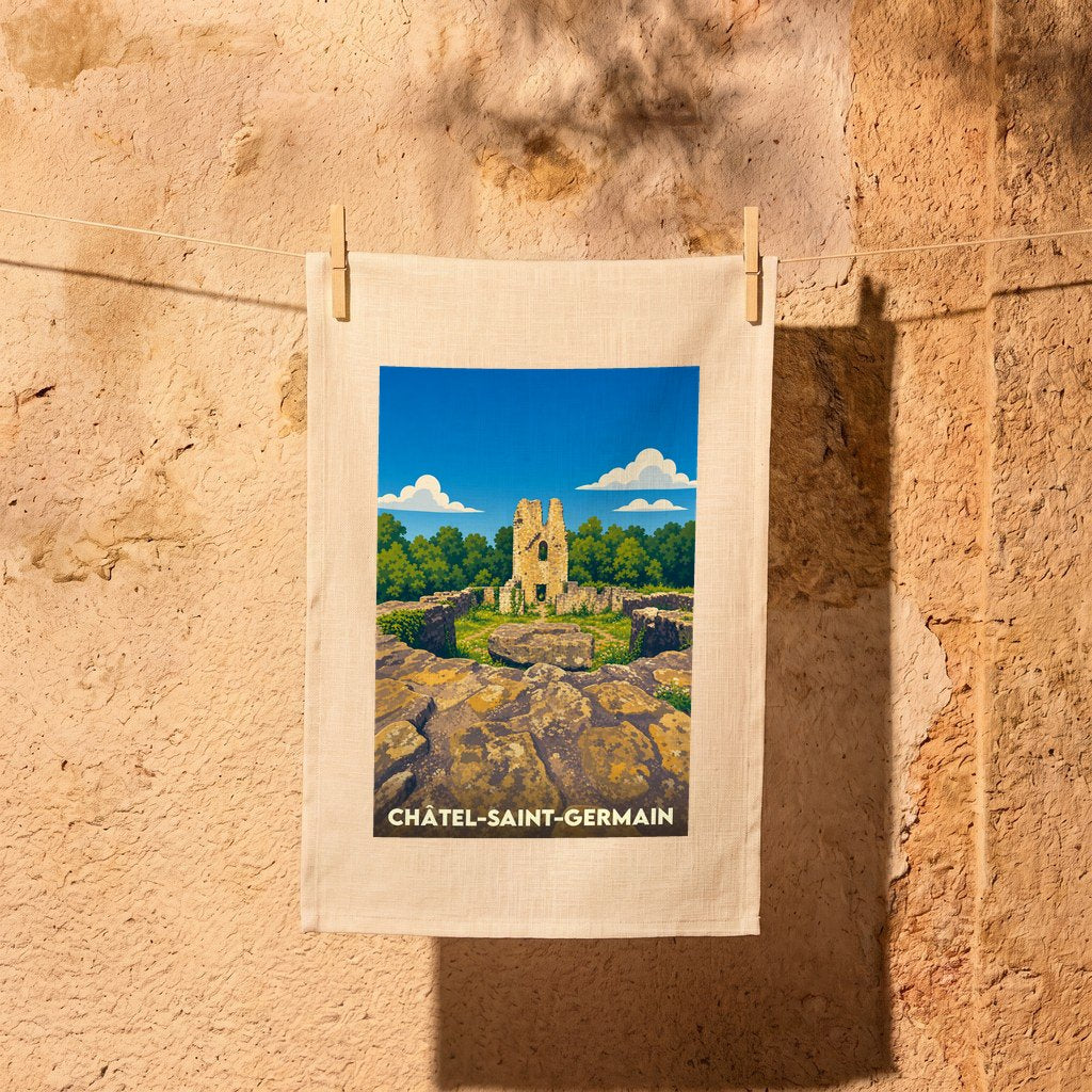 Torchon souvenir de Châtel-Saint-Germain orné d'une illustration stylisée de ses vestiges historiques.