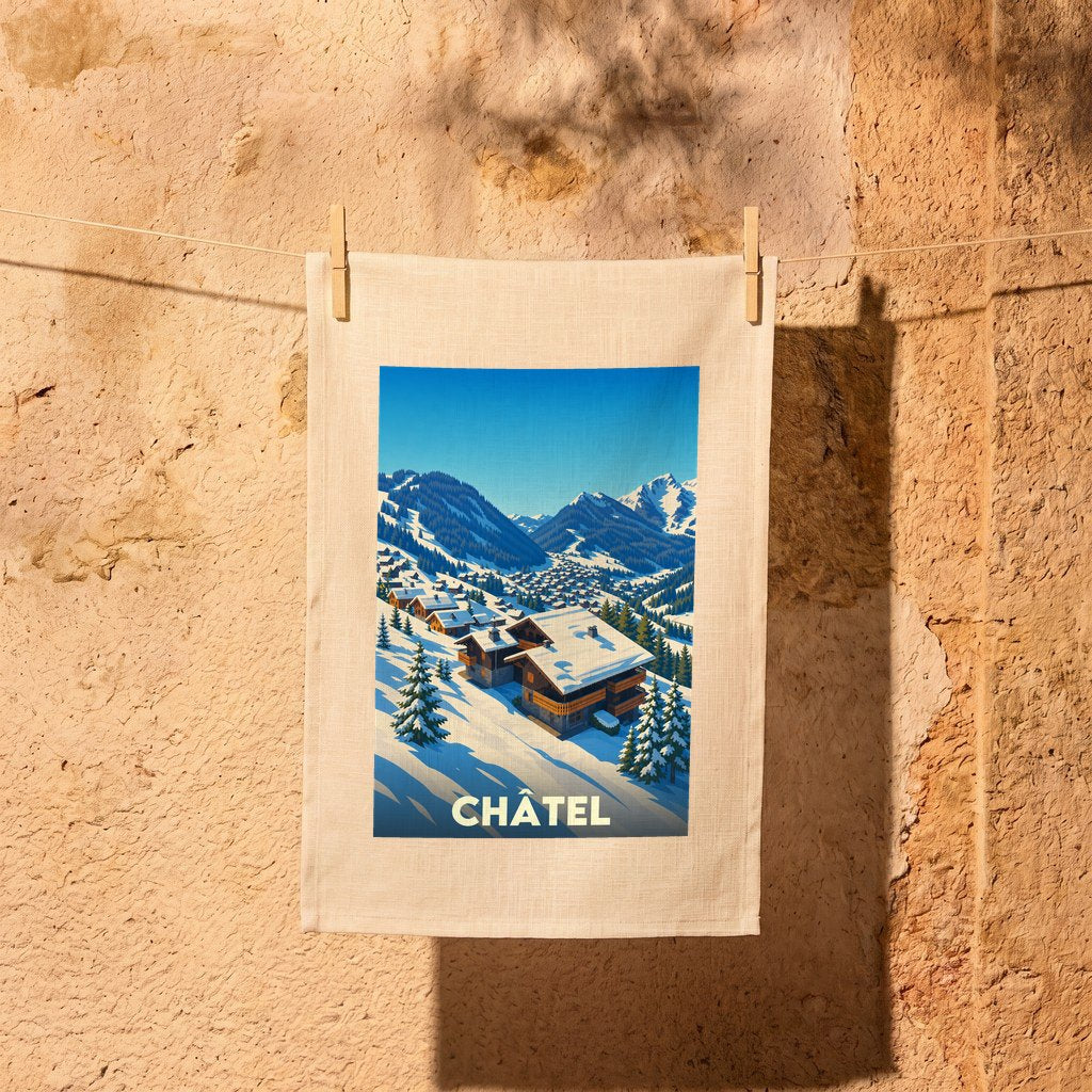 Torchon souvenir de la ville de Châtel orné d'une illustration stylisée de station de ski.