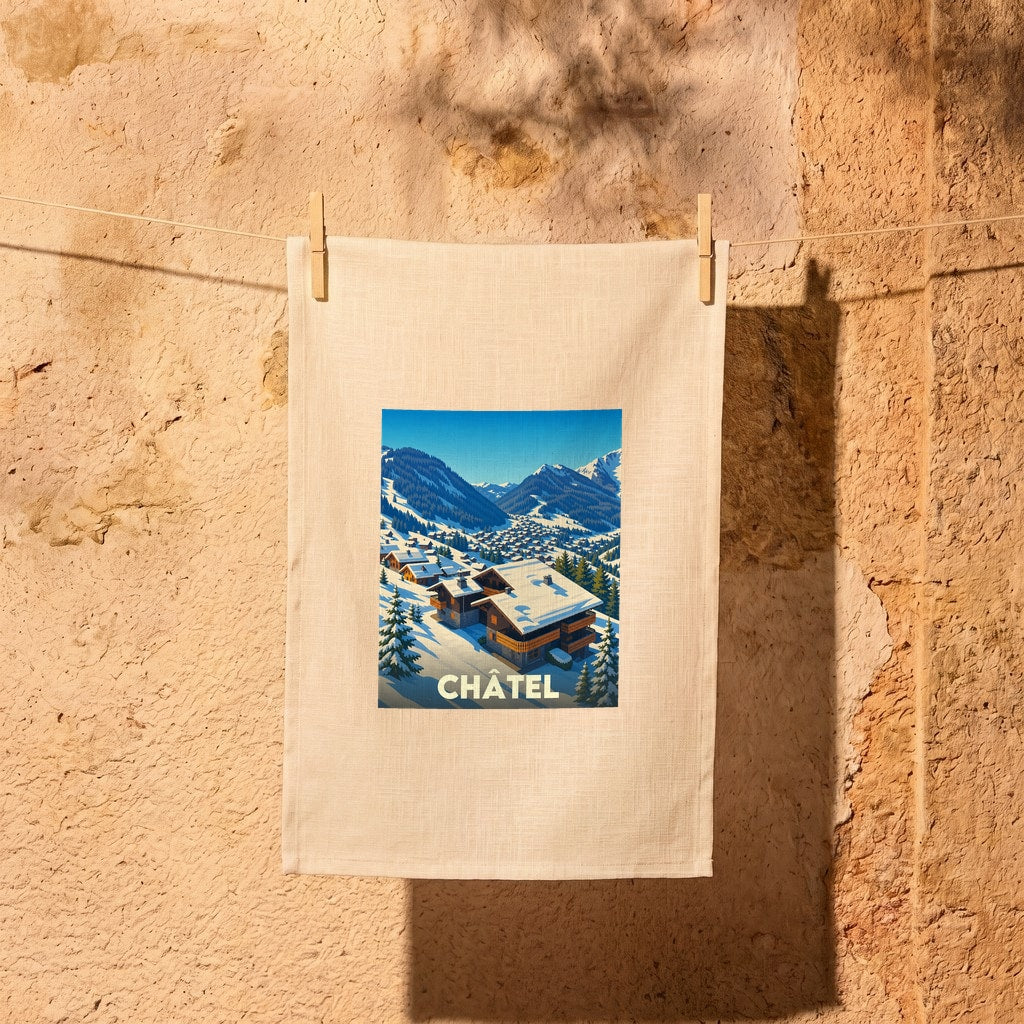 Torchon souvenir de la ville de Châtel orné d'une illustration stylisée de station de ski.