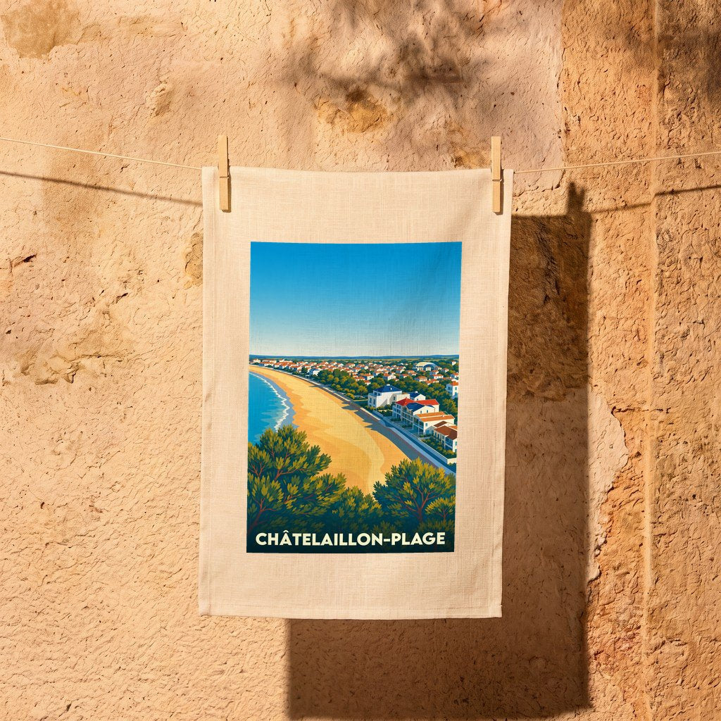 Torchon souvenir de Châtelaillon-Plage illustré d'une vue stylisée sur la plage et la ville.