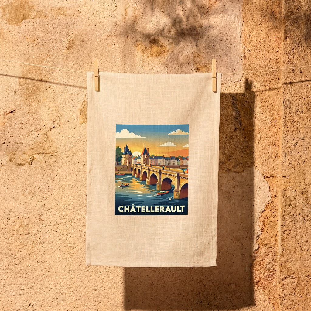 Torchon souvenir de la ville de Châtellerault avec une illustration stylisée de son célèbre pont.