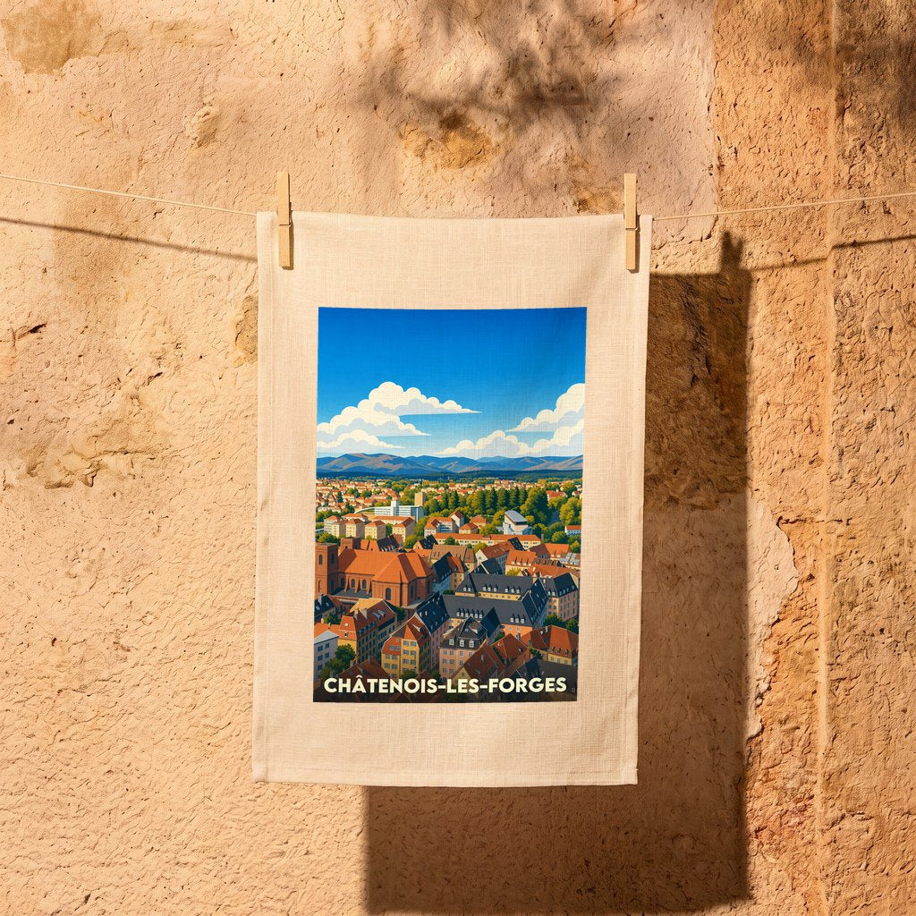 Torchon souvenir de la ville de Châtenois-les-Forges avec une illustration stylisée.