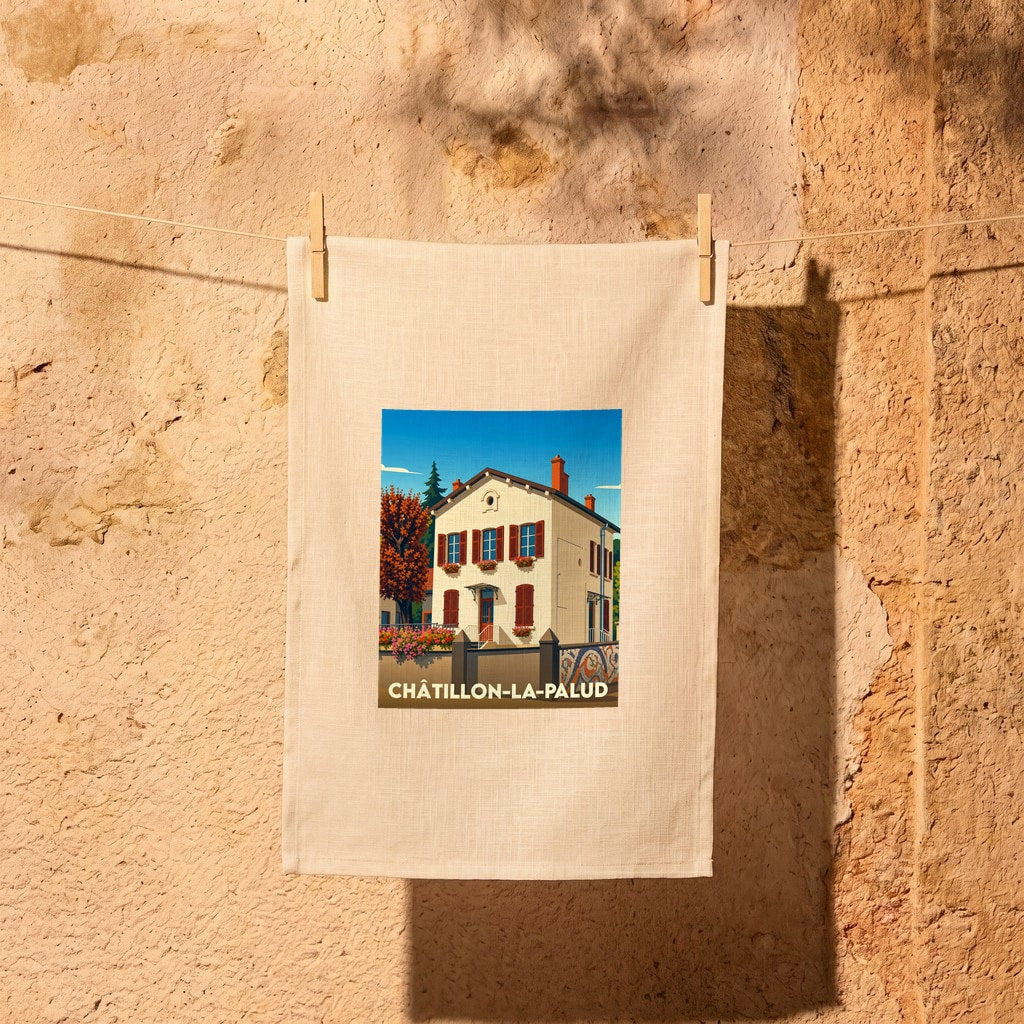 Torchon souvenir de la ville de Châtillon-la-Palud avec une illustration stylisée.