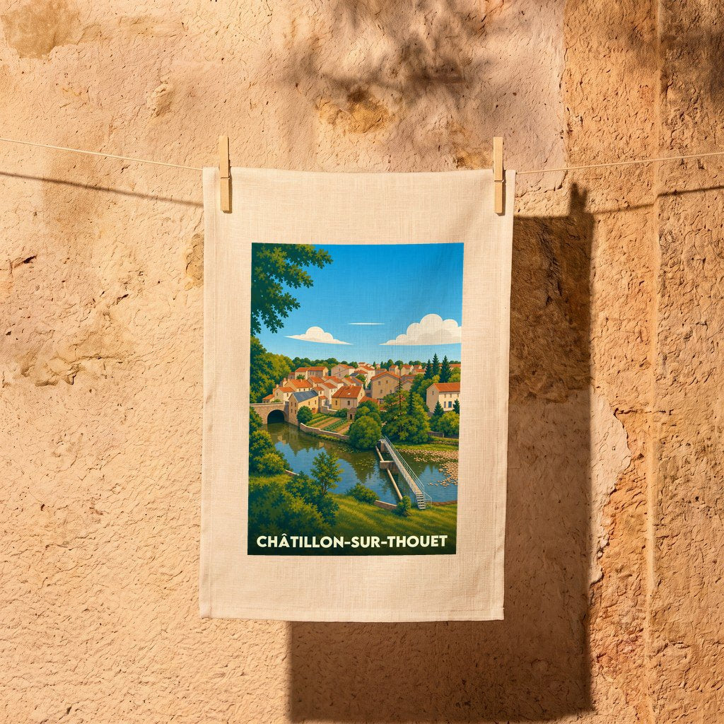 Torchon souvenir de la ville de Châtillon-sur-Thouet avec une illustration stylisée d'un paysage fluvial.