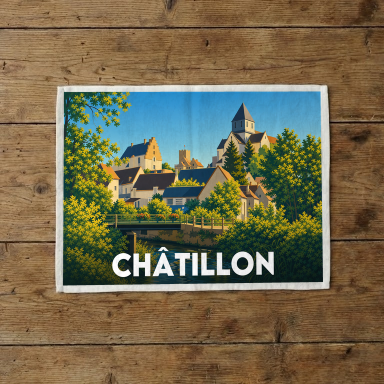 Torchon souvenir de la ville de Châtillon avec une illustration stylisée du paysage urbain.