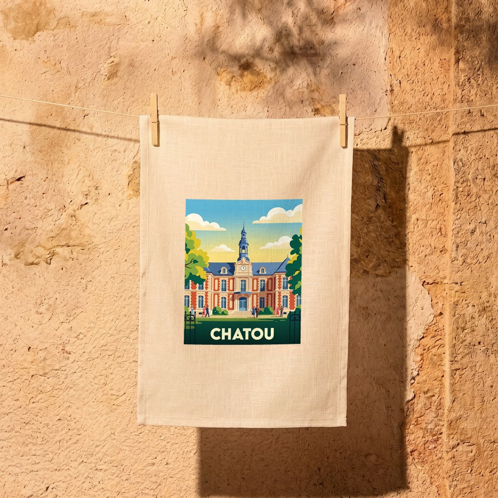 Torchon souvenir de la ville de Chatou avec une illustration colorée et stylisée.