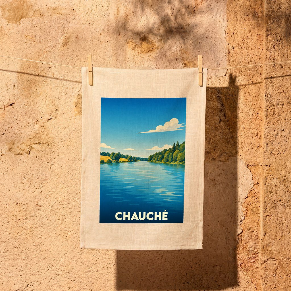 Torchon souvenir de la ville de Chauché avec une illustration stylisée de paysage lacustre.