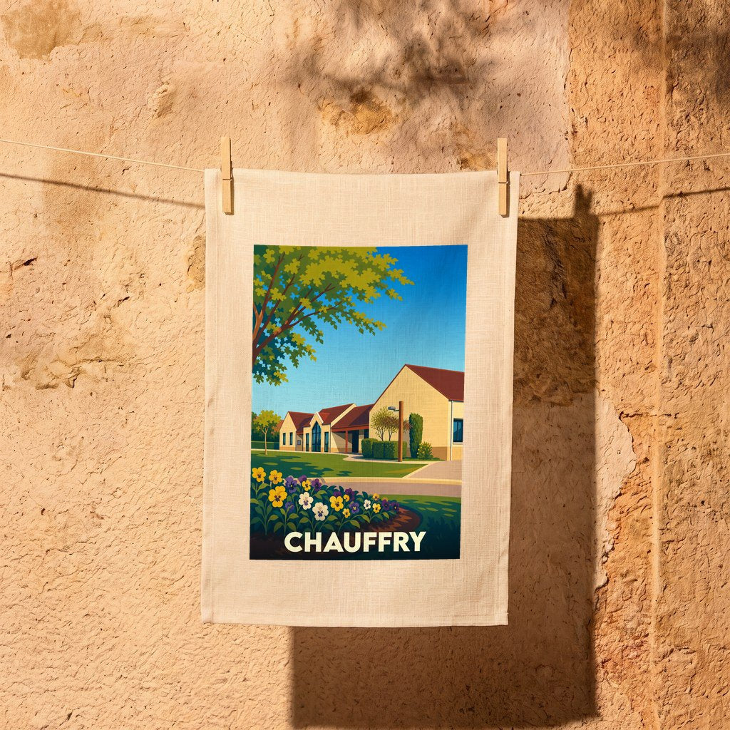 Torchon souvenir de la ville de Chauffry avec une illustration colorée et stylisée de ses paysages.
