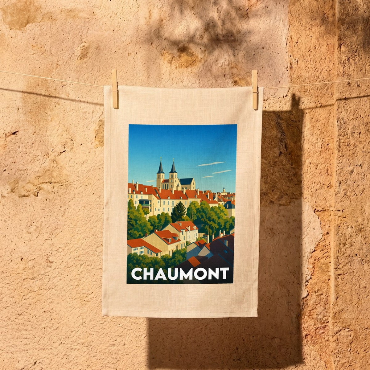 Torchon souvenir de la ville de Chaumont avec une illustration stylisée de ses toits et de ses clochers.