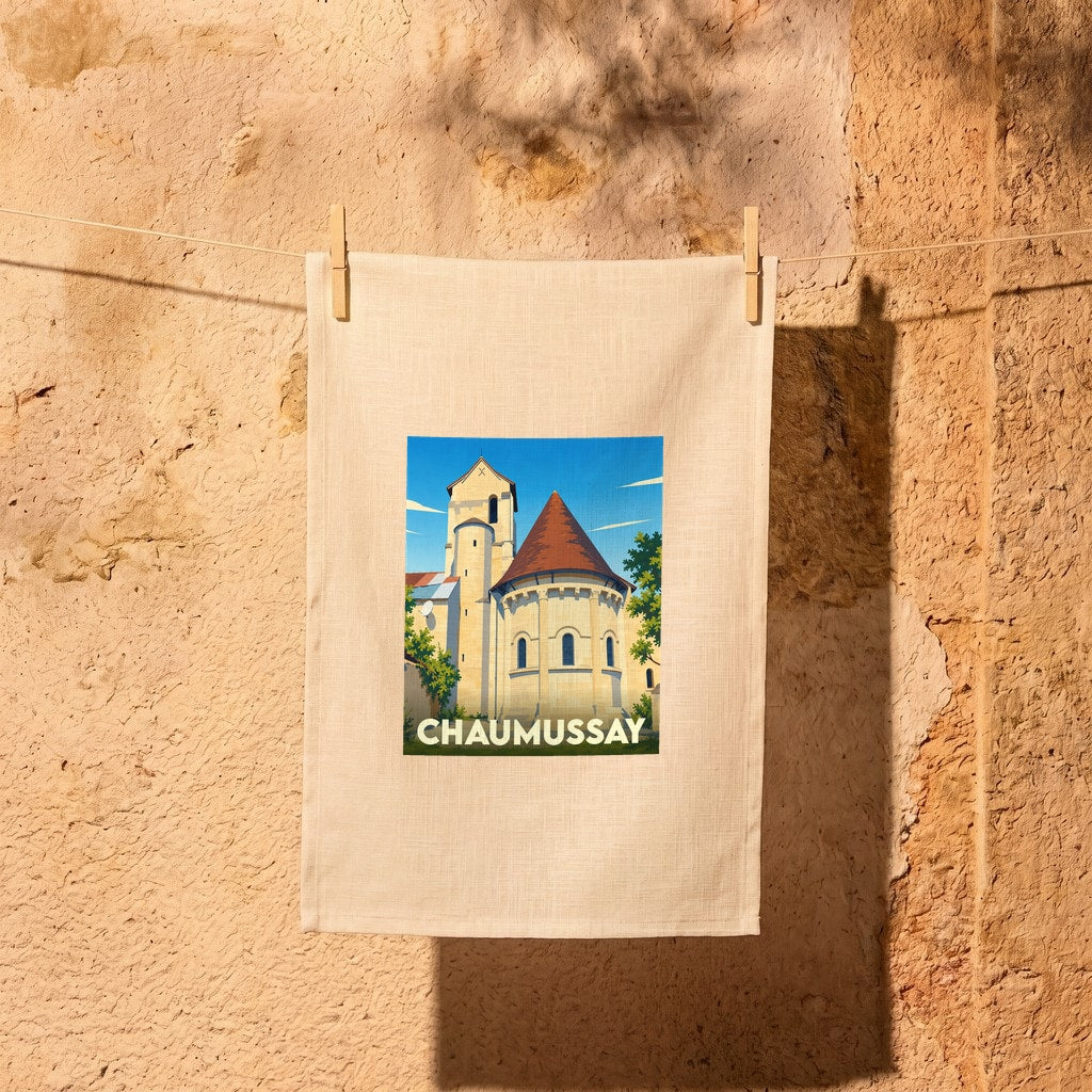 Torchon souvenir de la ville de Chaumussay avec une illustration stylisée de son église.