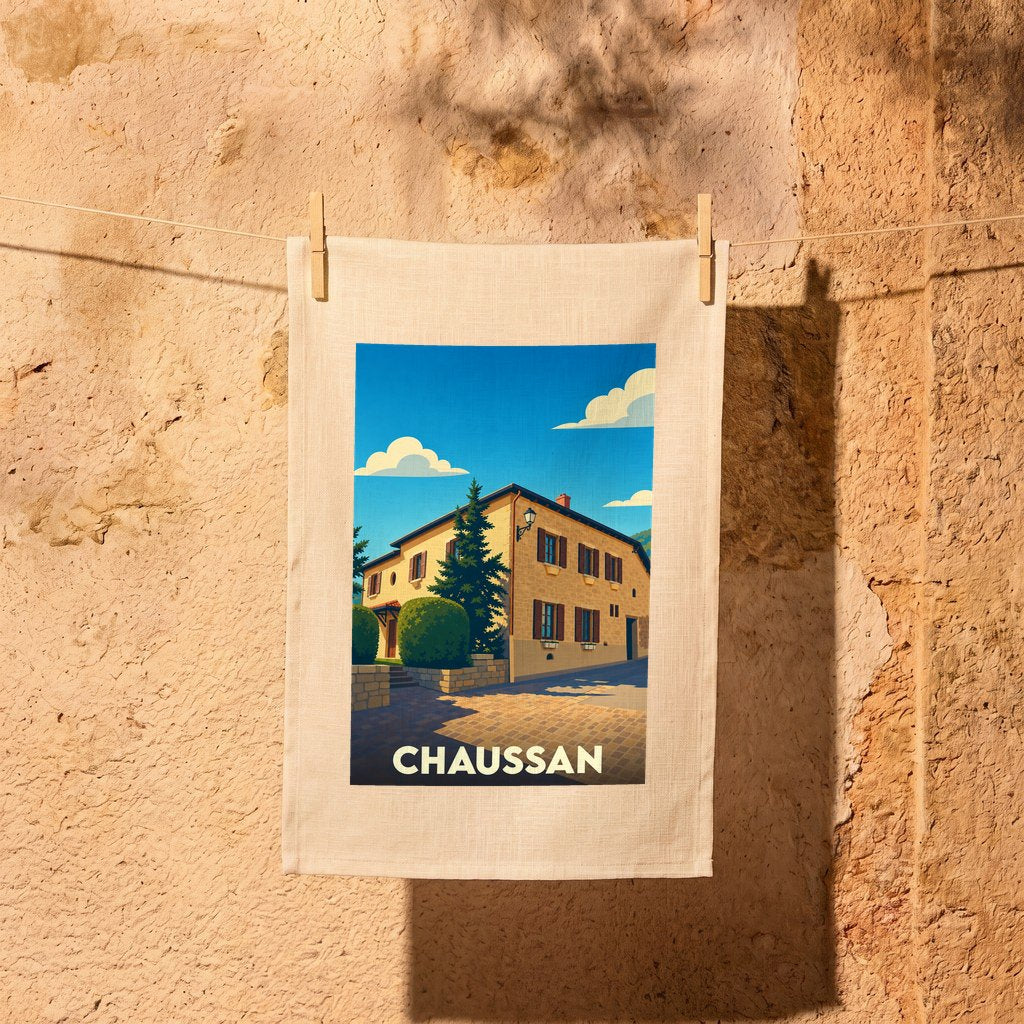 Torchon souvenir de la ville de Chaussan avec une illustration stylisée d'une maison de village.