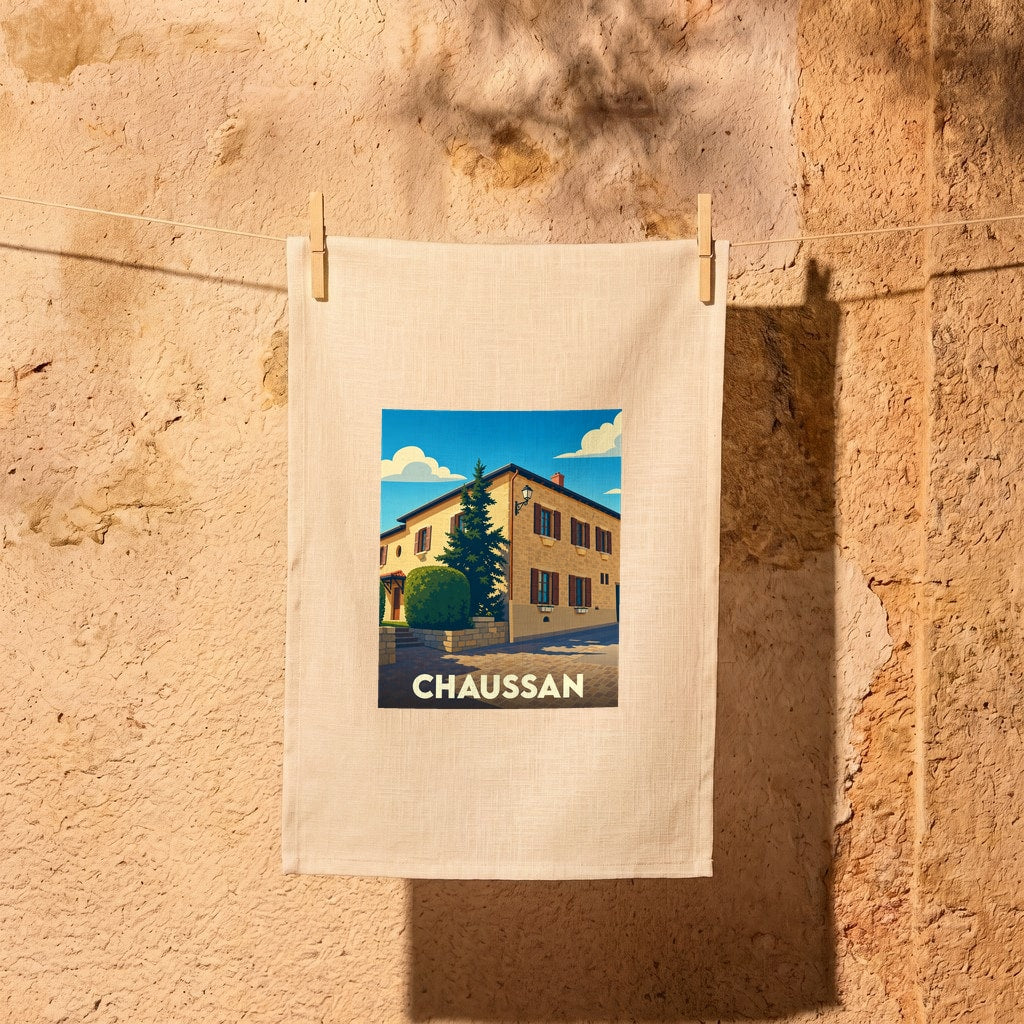 Torchon souvenir de la ville de Chaussan avec une illustration stylisée d'une maison de village.