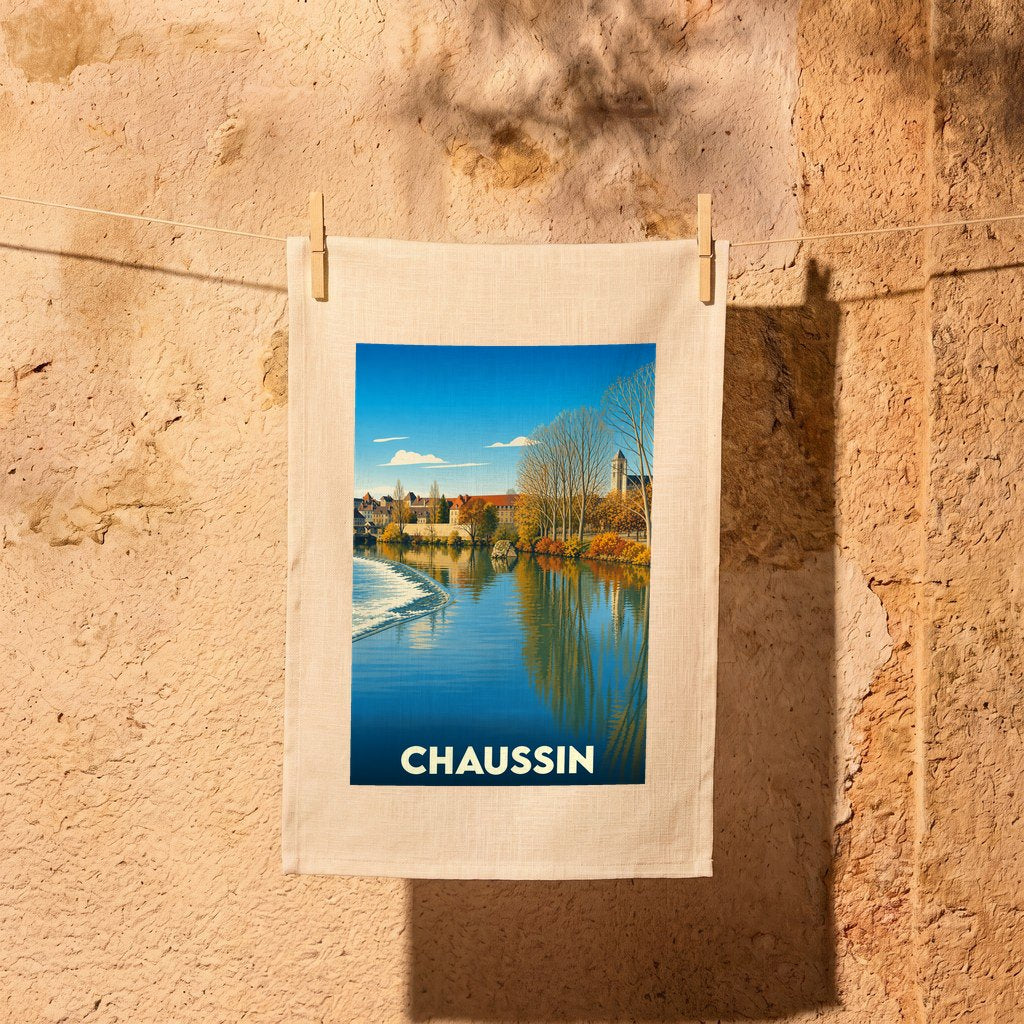 Torchon souvenir de la ville de Chaussin avec une illustration stylisée d'un paysage fluvial.