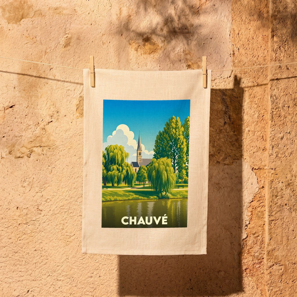 Torchon souvenir de la ville de Chauvé avec une illustration stylisée.