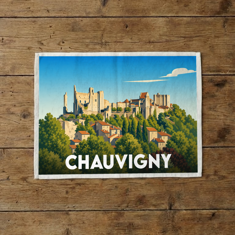 Torchon souvenir de la ville de Chauvigny illustrant sa cité médiévale dans un style graphique épuré.