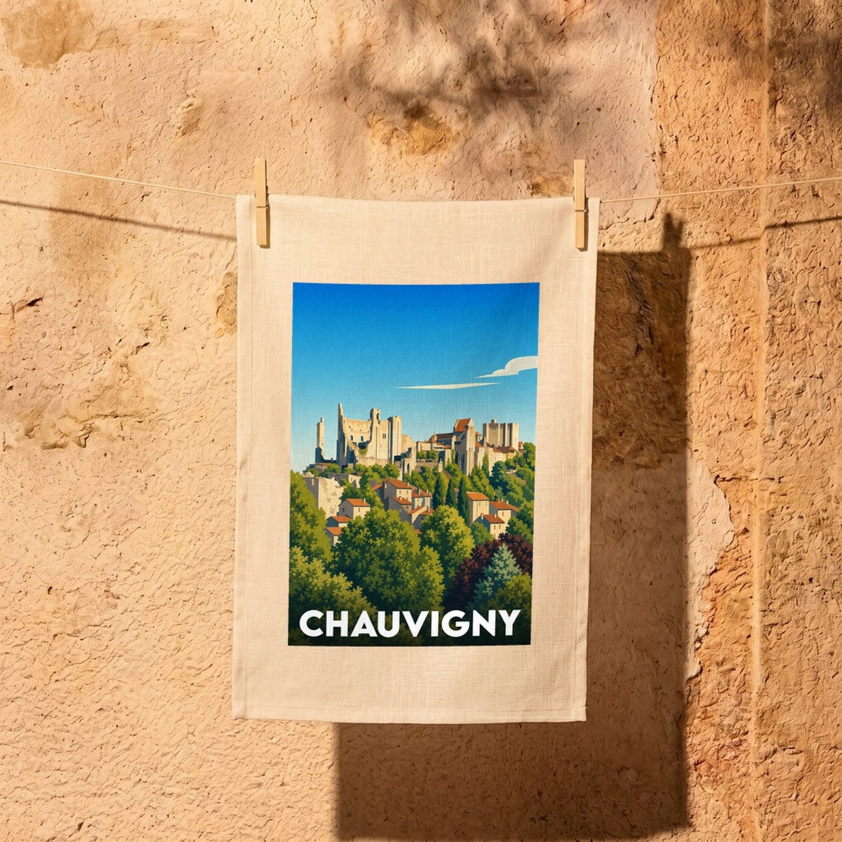 Torchon souvenir de la ville de Chauvigny illustrant sa cité médiévale dans un style graphique épuré.