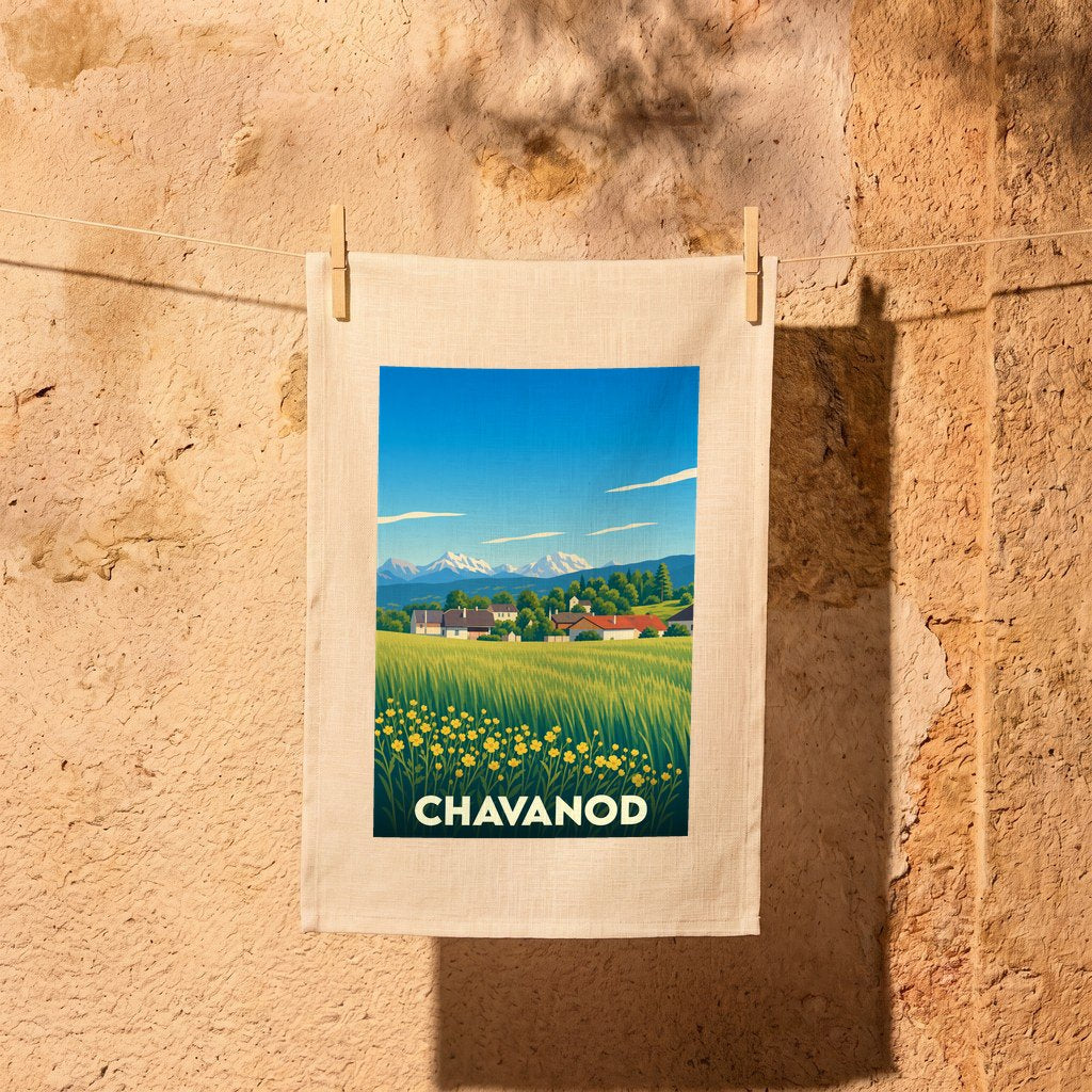 Torchon souvenir de la ville de Chavanod avec une illustration stylisée de paysages alpins.