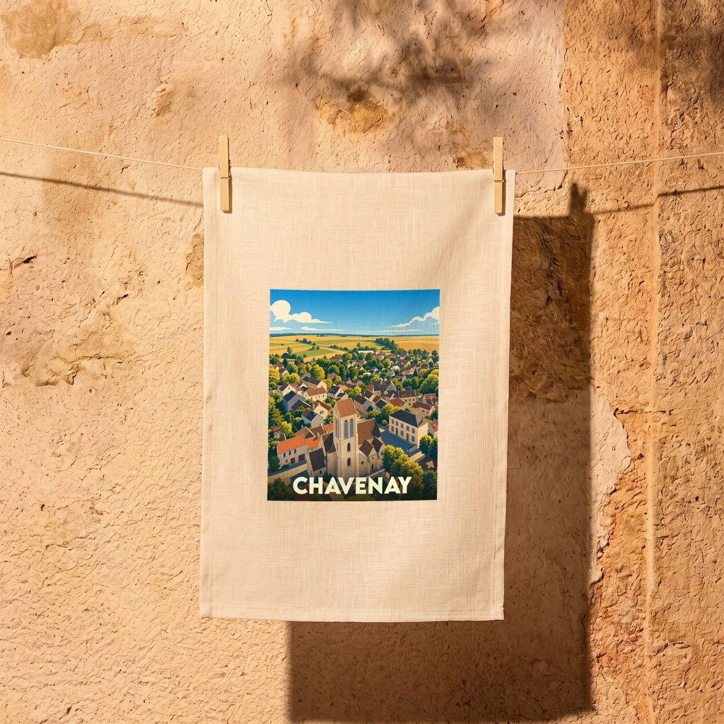 Torchon souvenir de la ville de Chavenay avec une illustration stylisée.