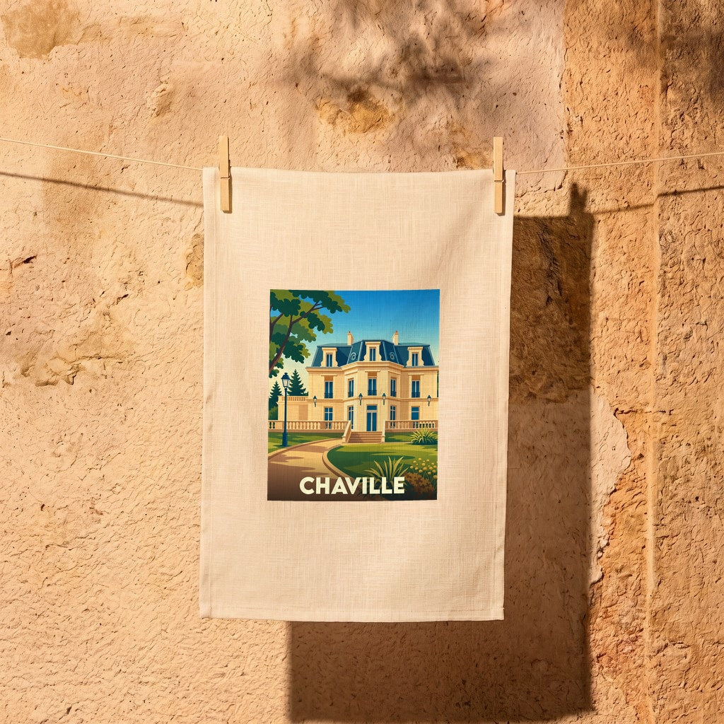 Torchon souvenir de la ville de Chaville avec une illustration stylisée d'une grande demeure classique.