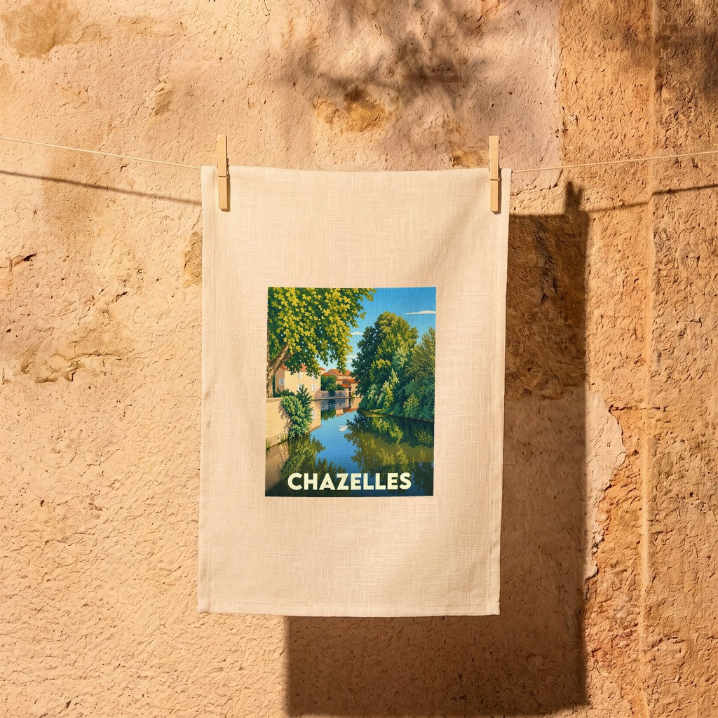 Torchon souvenir de la ville de Chazelles illustré d'un paysage de rivière stylisé.