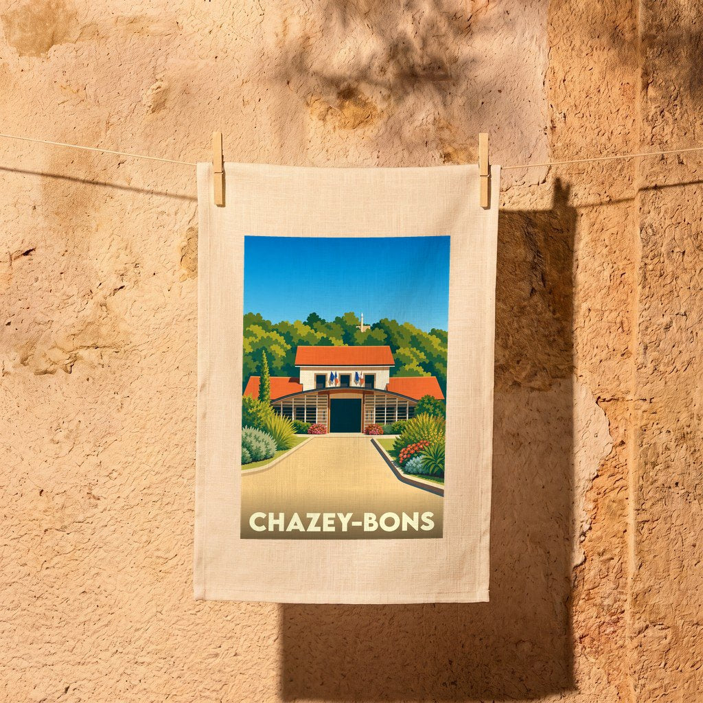Torchon souvenir de la ville de Chazey-Bons avec une illustration stylisée d'un bâtiment emblématique.