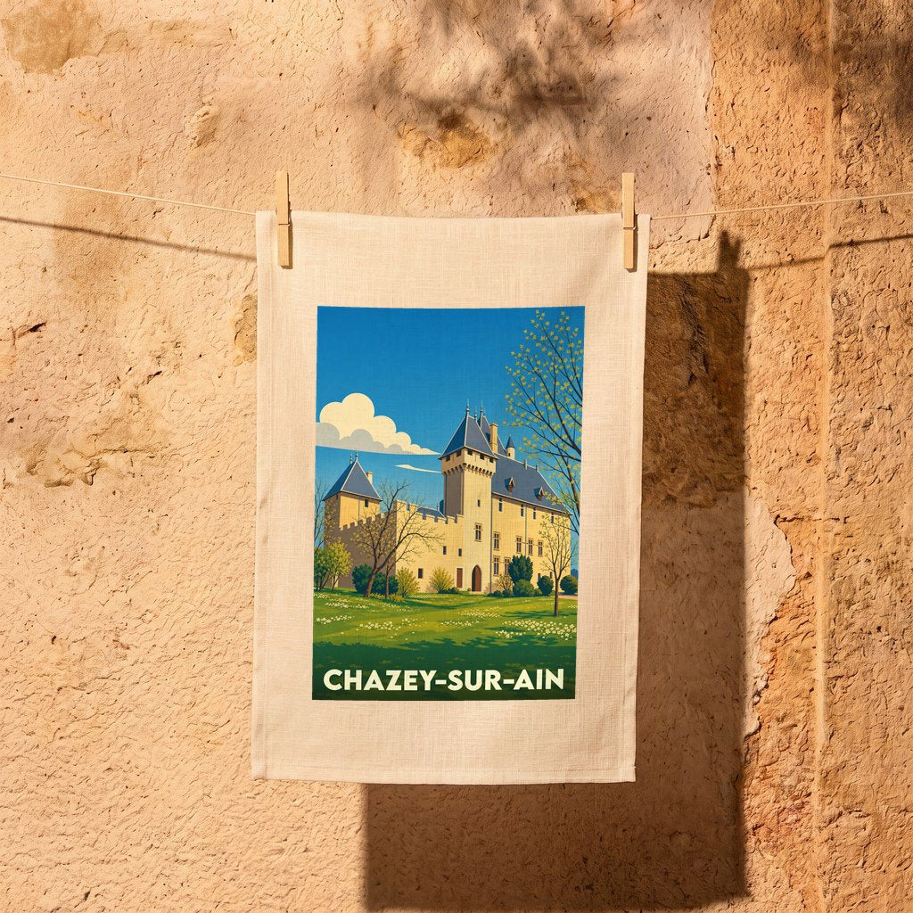 Torchon souvenir de la ville de Chazey-sur-Ain avec une illustration stylisée de son château.