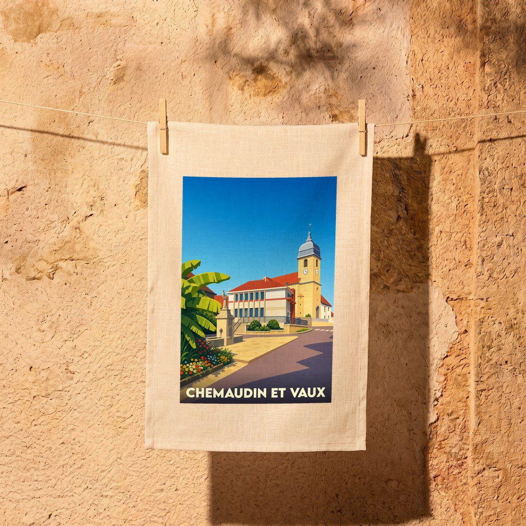 Torchon souvenir de la ville de Chemaudin et Vaux avec une illustration stylisée.