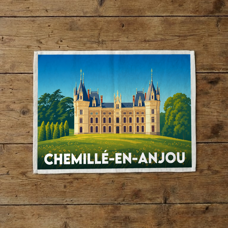 Torchon souvenir de la ville de Chemillé-en-Anjou avec une illustration stylisée d'un château.