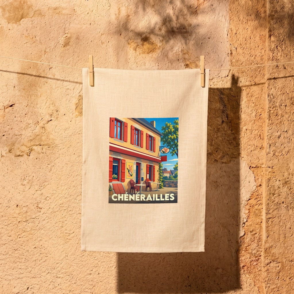 Torchon souvenir de la ville de Chénérailles avec une illustration stylisée d'une rue typique.