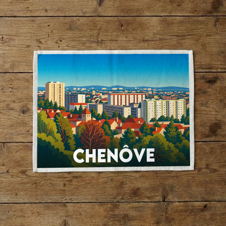 Torchon souvenir de la ville de Chenôve avec une illustration stylisée de son paysage urbain.