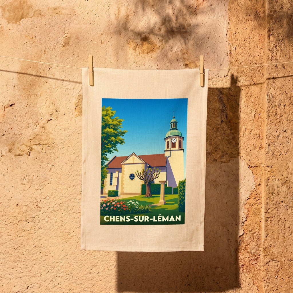 Torchon souvenir de la ville de Chens-sur-Léman avec une illustration stylisée de son église.
