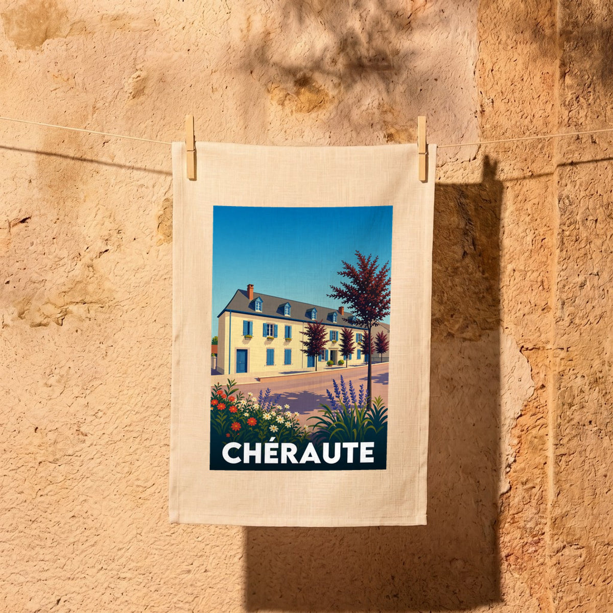 Torchon souvenir de la ville de Chéraute avec une illustration stylisée d'un bâtiment traditionnel aux volets bleus.